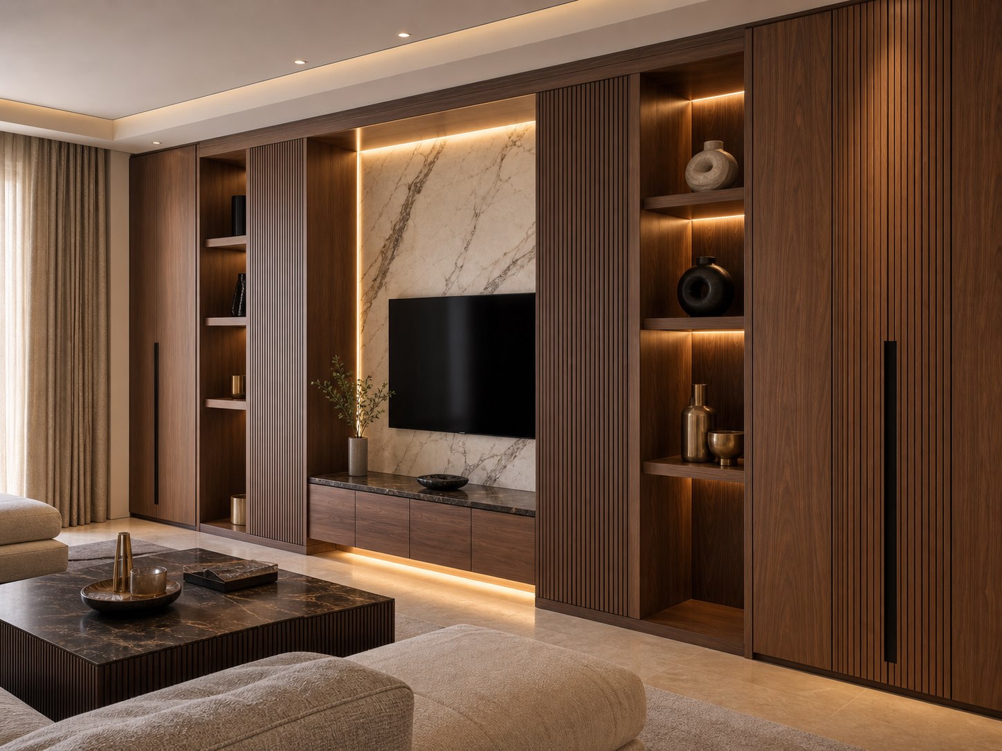 Mobilier sur mesure avec habillage mural bois, marbre et éclairage intégré