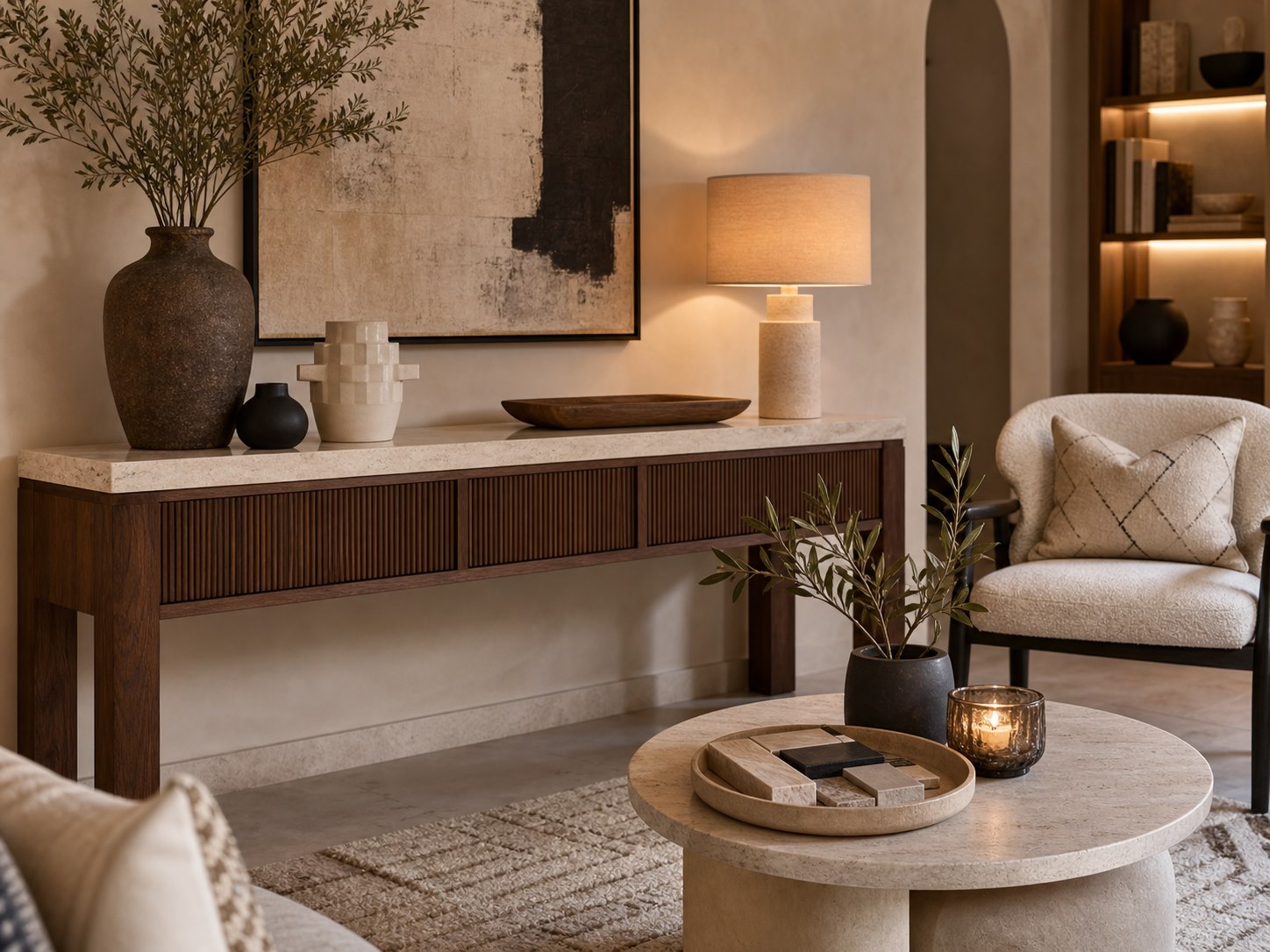 Décoration d'intérieur avec console, objets, lampe et matières naturelles